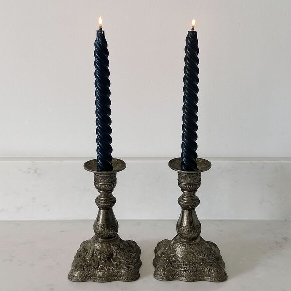 Vintage Pair Silverplate Taper Candle Holders Set of 2 Ornate Floral Grapes Vine - Picture 1 of 8